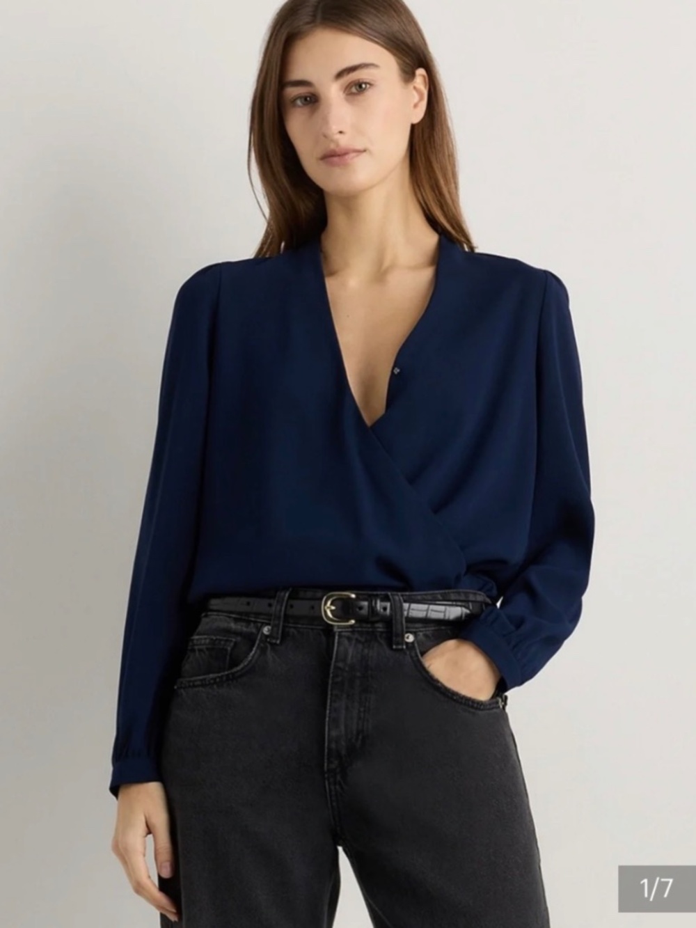 NWT Quince Fluid Crepe Surplice Long Sleeve Blouse Textured Navy Sleeved Top S